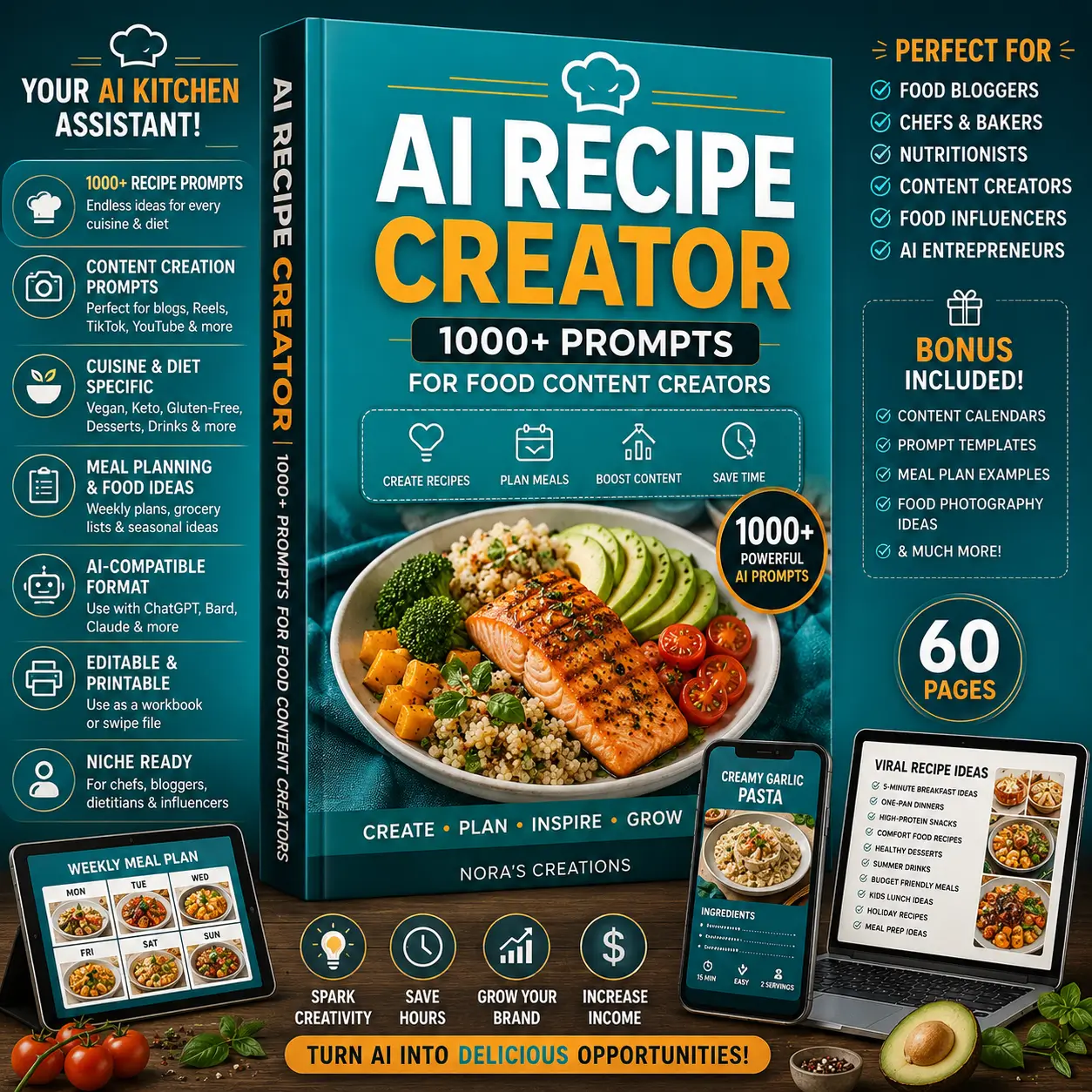 AI Recipe Creator: 1000+ ChatGPT Prompts for Food Content Creators | AI Cookbook Prompt Guide