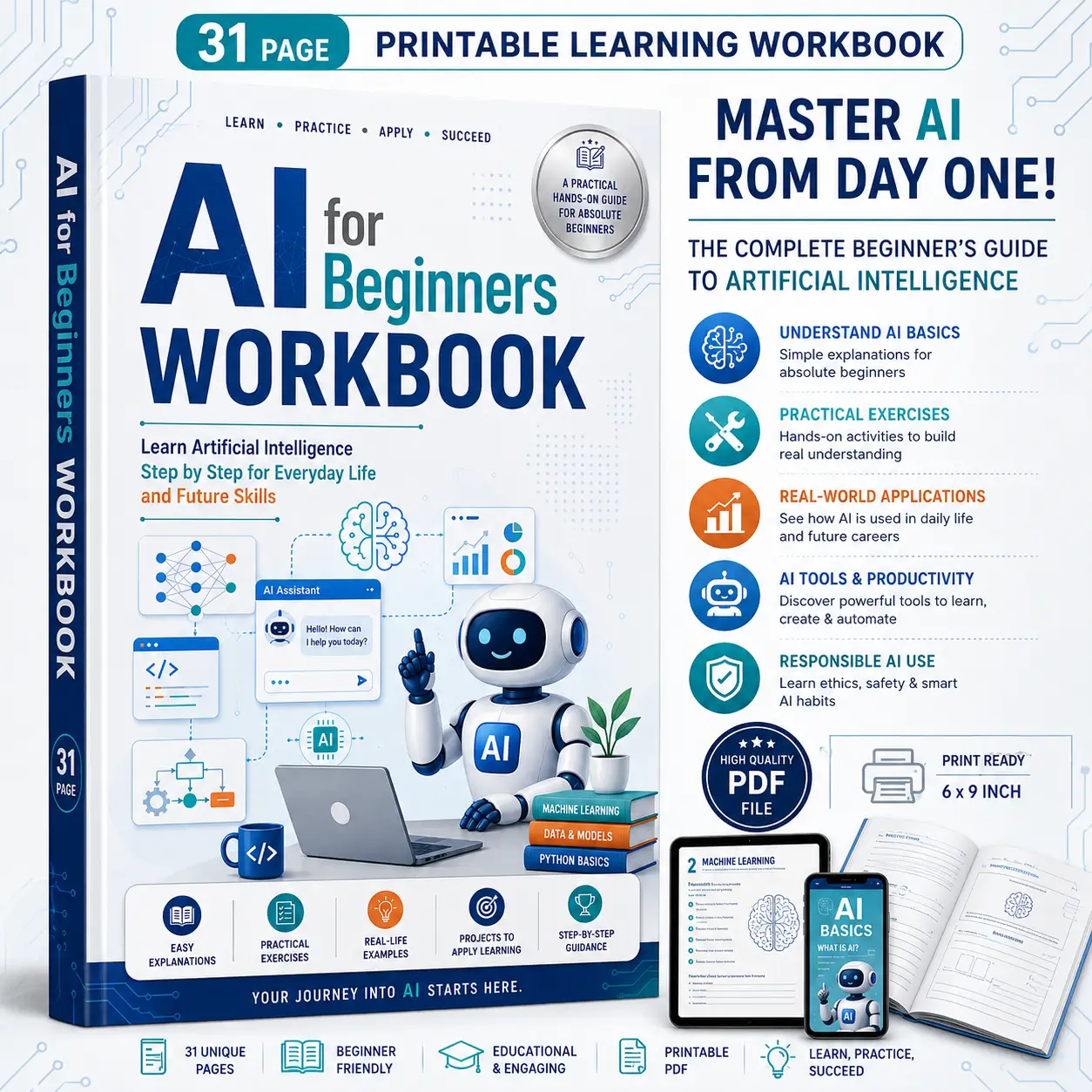 AI for Beginners Workbook | Printable Artificial Intelligence Learning Workbook for Students & Beginners